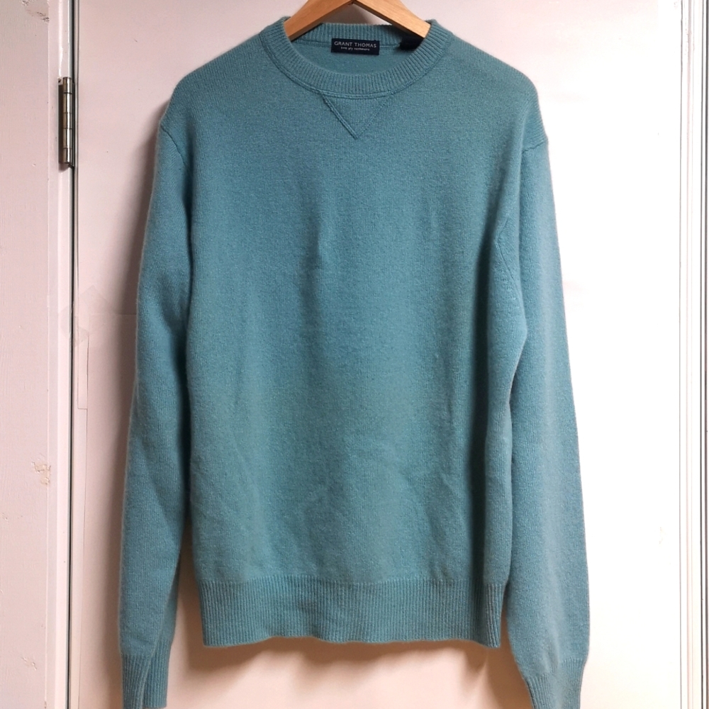 Men's Grant Thomas Two Ply Cashmere Sweater Size XL Crew Neck Teal Color No Flaw